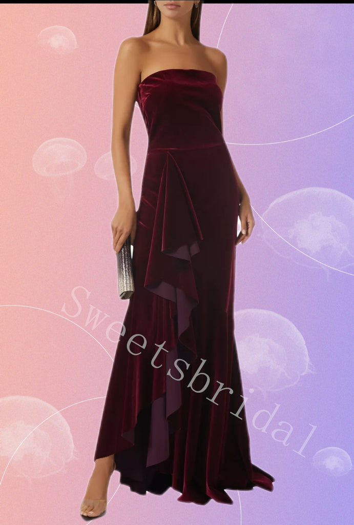 Sexy Strapless Sleeveless Ruffle Sheath Long Prom Dress,SW2036