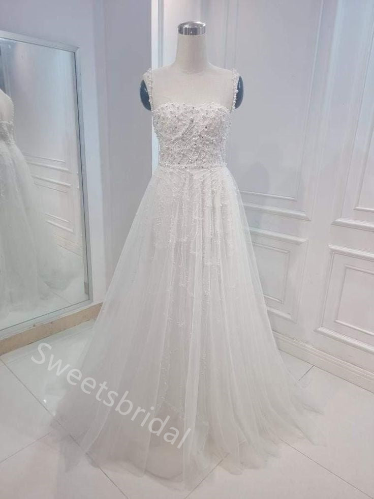 Sparkly Pearl  Square Sleeveless A-line  Wedding Dresses,DB0336