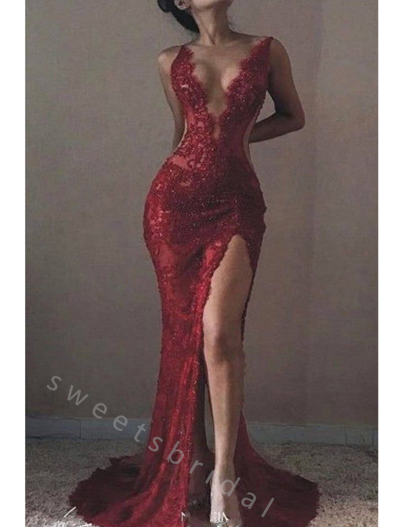 Sexy V-neck Sleeveless Side slit Mermaid Long Prom Dress,SWS2088