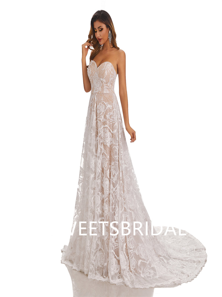 Lvory Lace Chiffon Sweetheart A-line Applique Floor-length Wedding Dresses,DB0175