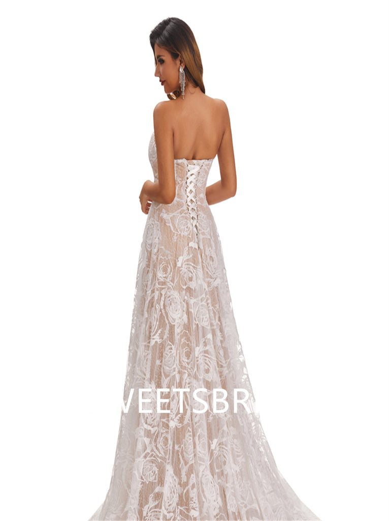 Lvory Lace Chiffon Sweetheart A-line Applique Floor-length Wedding Dresses,DB0175