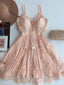 Pretty Spaghetti Strap Backless Pink Lace A-line Short Homecoming Dress, BTW226