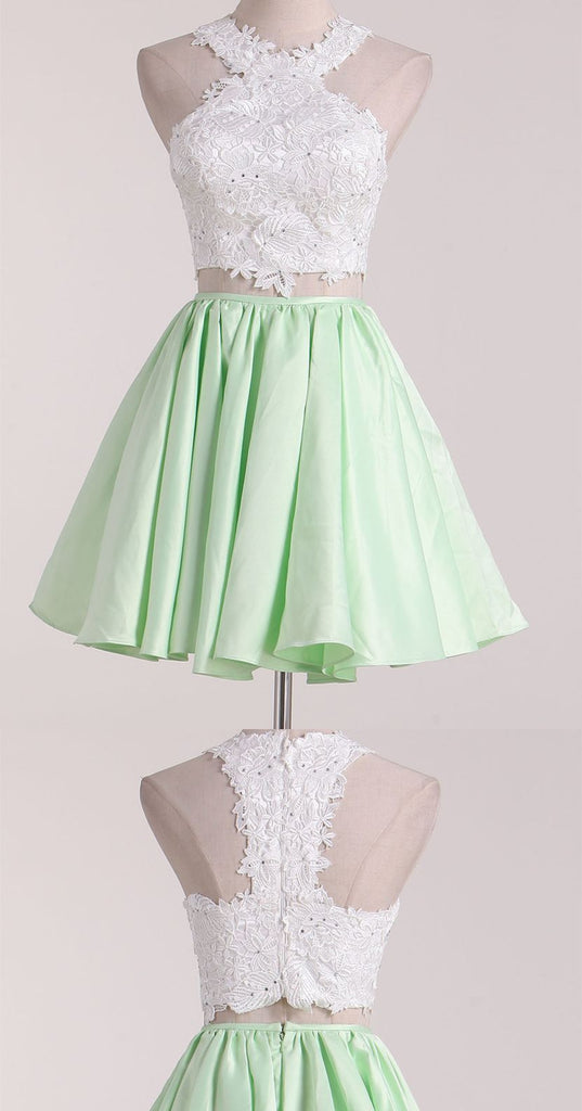 Two Pieces Halter Lace Applique Sleeveless A-line Short Homecoming Dress, BTW228