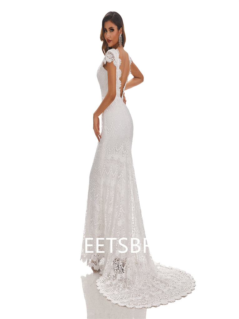 Ivory Mermaid V-Neck Backless Handmade Lace Wedding Dresses,DB0179