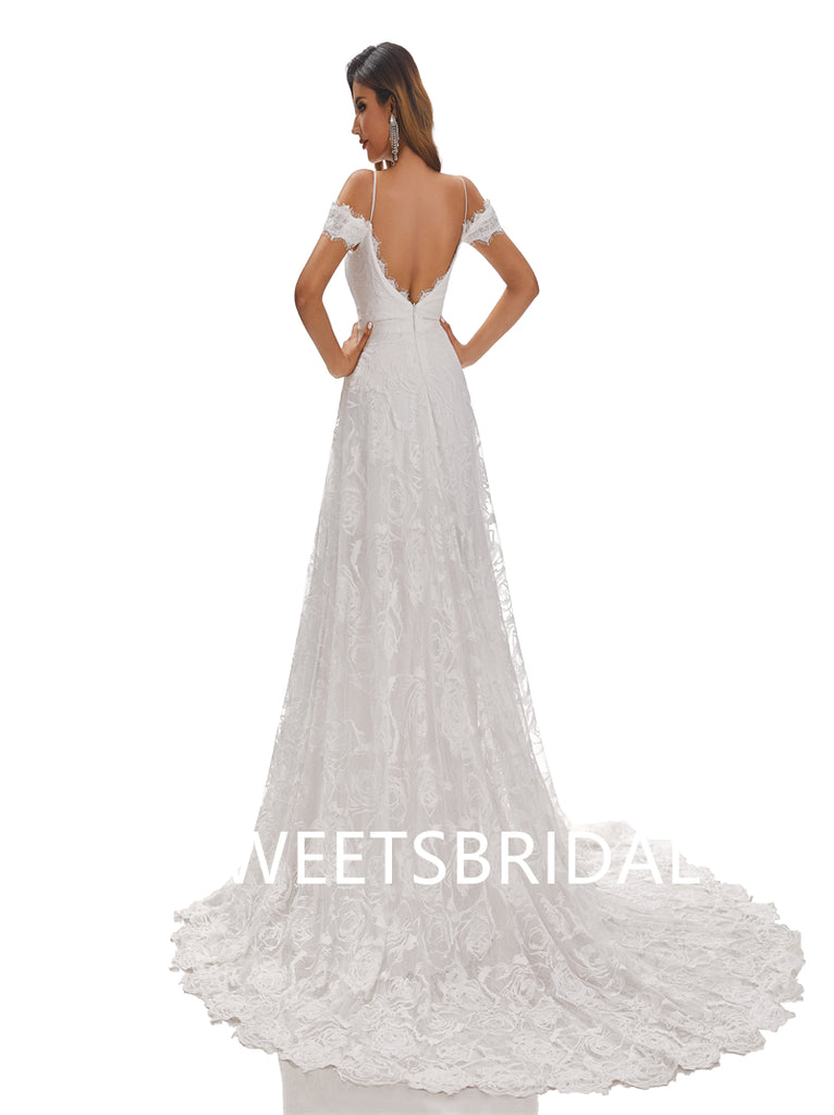 Ivory A-Line Spaghetti Straps Off Shoulder Side Slit Handmade Lace Wedding Dresses,DB0180