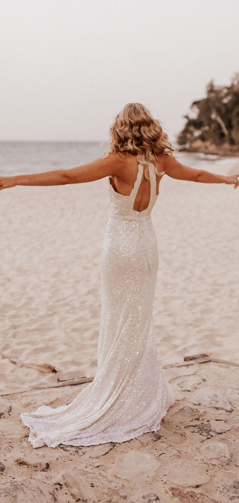 Halter Mermaid Simple Lace Sequin Sleeveless Wedding Dresses,SW1168