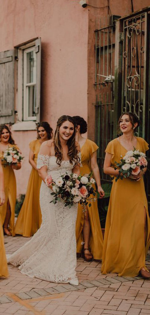 Sexy V-neck Chiffon Floor Length Side Slit Long Bridesmaid Dresses.PB1084