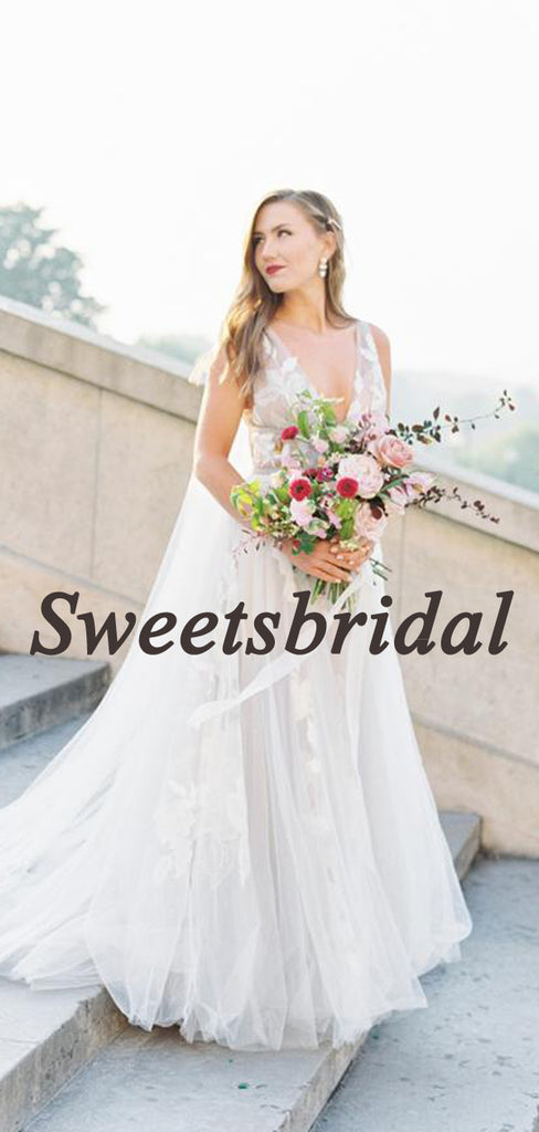Pretty V-neck A-line Lace Tulle Sleeveless Long Wedding Dresses Evening Dresses, WD1130