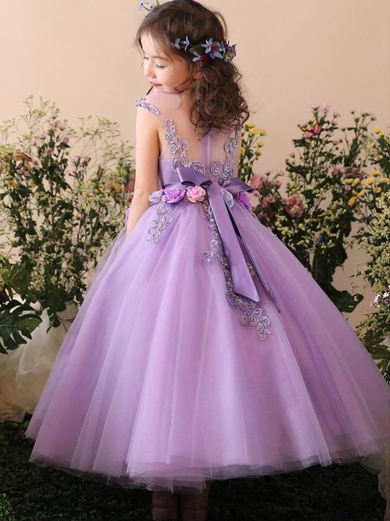 Cute Handmade A Line Applique Tulle Long Flower Girl Dresses , GTE2128