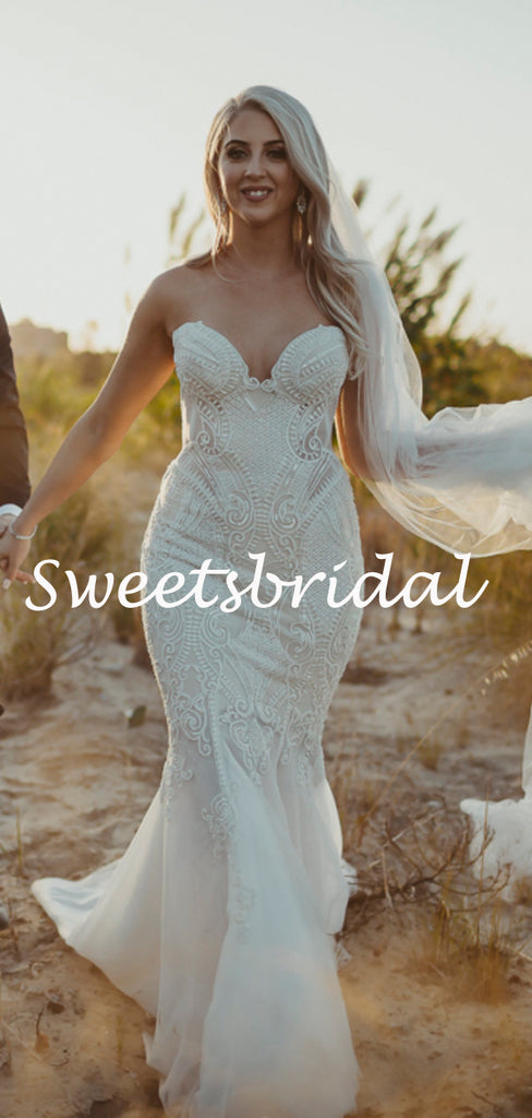 Charming Sweetheart Mermaid Sleeveless Tulle Lace Long Wedding Dresses,WD1152