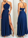 Pretty High Neck Criss Cross Side Slit Royal Blue Long Prom Dresses, DPB161