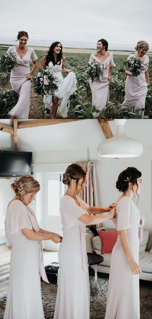 Simple V-neck Short Sleeve Chiffon Party Dresses Long Bridesmaid Dresses, SW1113