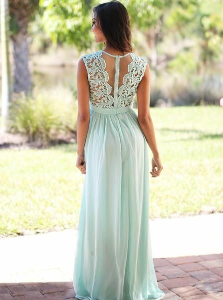 Pretty Lace Top A Line Sleeveless Floor Length Chiffon Long Bridesmaid Dresses, SW1014