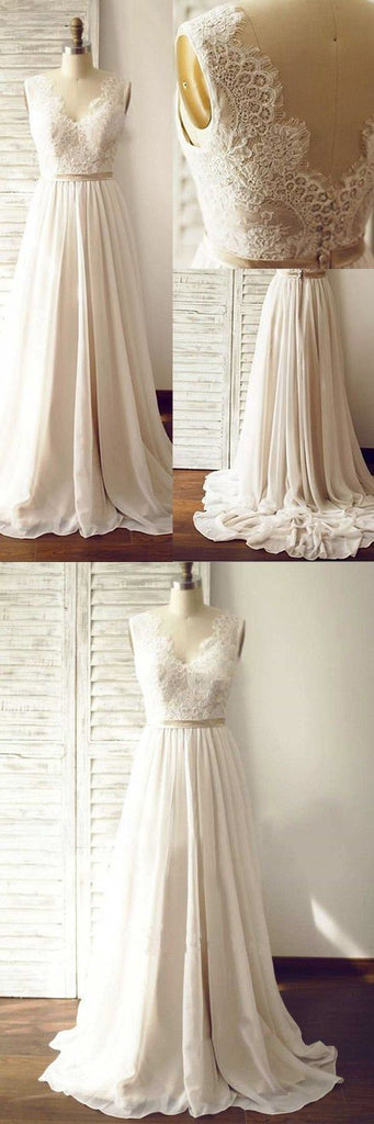 Elegant Lace Top A Line V Neck Sweep Trailing Long Wedding Dresses ,MD378