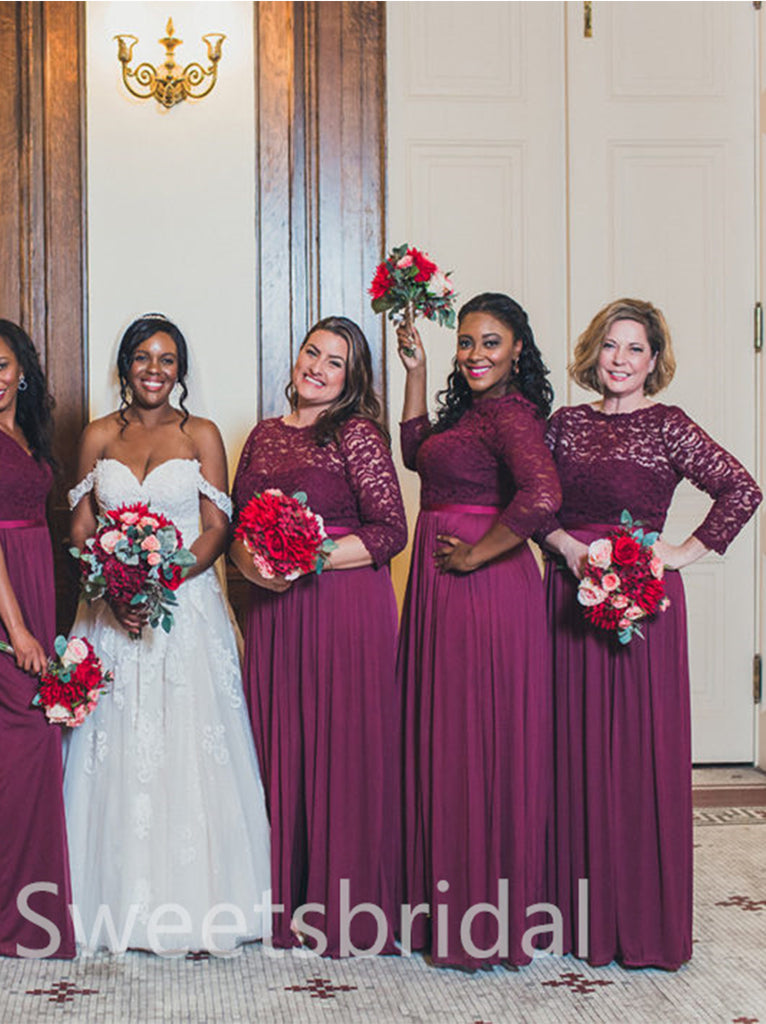 Mismatched Long sleeves A-line Pleats Side slit Elegant Simple Long Bridesmaid Dresses,SWE1284
