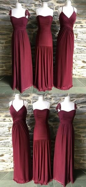 Mismatched Burgundy A Line Chiffon Floor Length Long Bridesmaid Dresses, SW1064