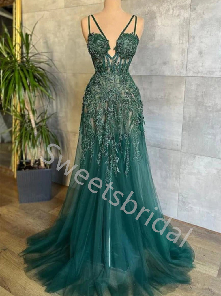 Sexy V-neck Sleeveless Spaghetti straps A-line Prom Dresses,SW1735