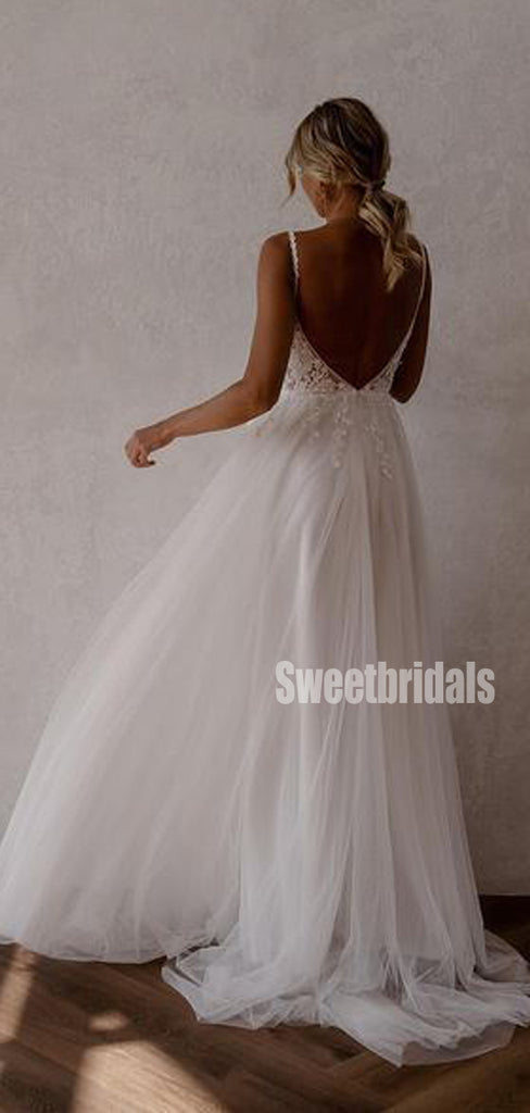 Popular V-neck A-line Lace Simple Side Slit Wedding Dresses, WG209