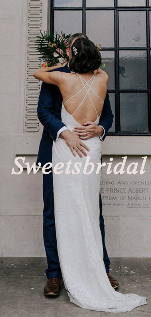 Pretty Sexy V-neck Mermaid Open Back Lace Long Wedding Dresses Evening Dresses,WD1141