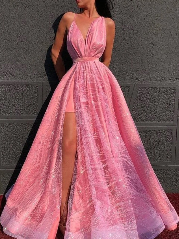 Simple V-neck A-line Sleeveless Side Slit Floor Length Prom Dresses,SW1019