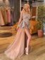 Charming One-shoulder Side Slit Tulle Sequin Long Prom Dresses.SW1268
