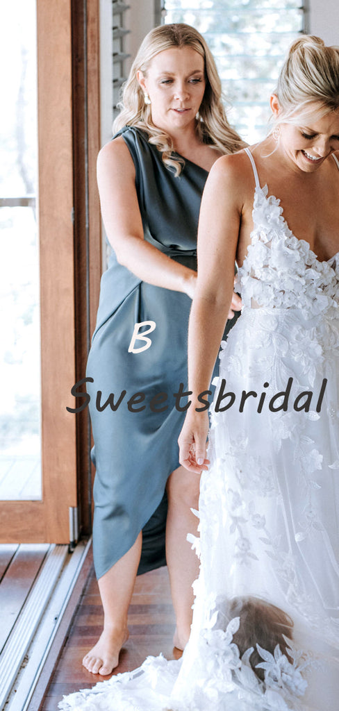 Simple Sexy V-neck Spaghetti Strap One-shoulder Slit Party Dresses Bridesmaid Dresses, SW1104
