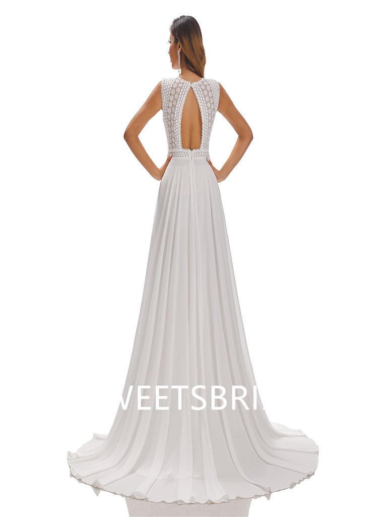 Simple Ivory A-Line Open Back Handmade Lace Wedding Dresses,DB0182