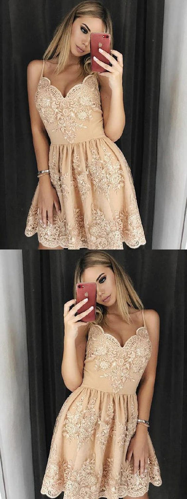 Elegant Spaghetti Strap V Neck Lace A Line Short Homecoming Dress, BTW174