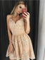 Elegant Spaghetti Strap V Neck Lace A Line Short Homecoming Dress, BTW174
