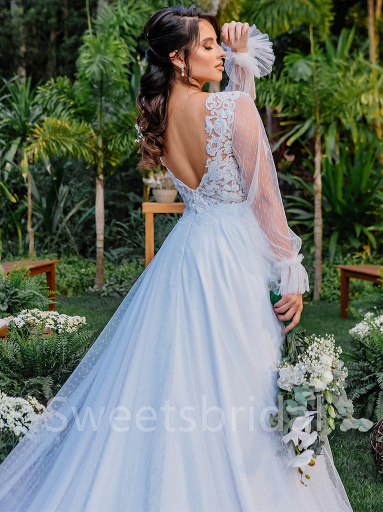 Simple V-neck Lone sleeves  A-line Lace applique Wedding Dresses,DB0217