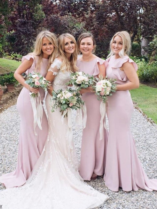 Cheap Light Pink Ruffle Sleeves Sweep Trailing Mermaid Long Bridesmaid Dresses, SW1032