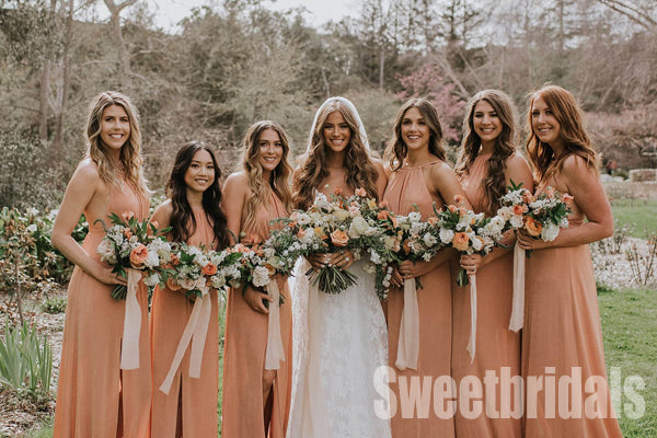 Dusty Orange Halter Floor-lengh Chiffon Bridesmaid Dresses,SWE1240