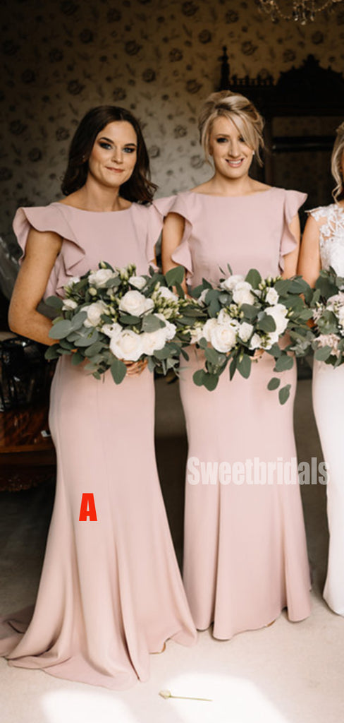 Cheap Light Pink Ruffle Sleeves Sweep Trailing Mermaid Long Bridesmaid Dresses, SW1032