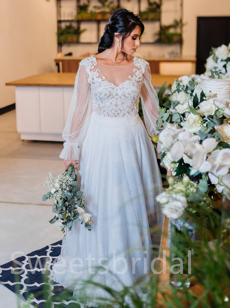 Simple V-neck Lone sleeves  A-line Lace applique Wedding Dresses,DB0217