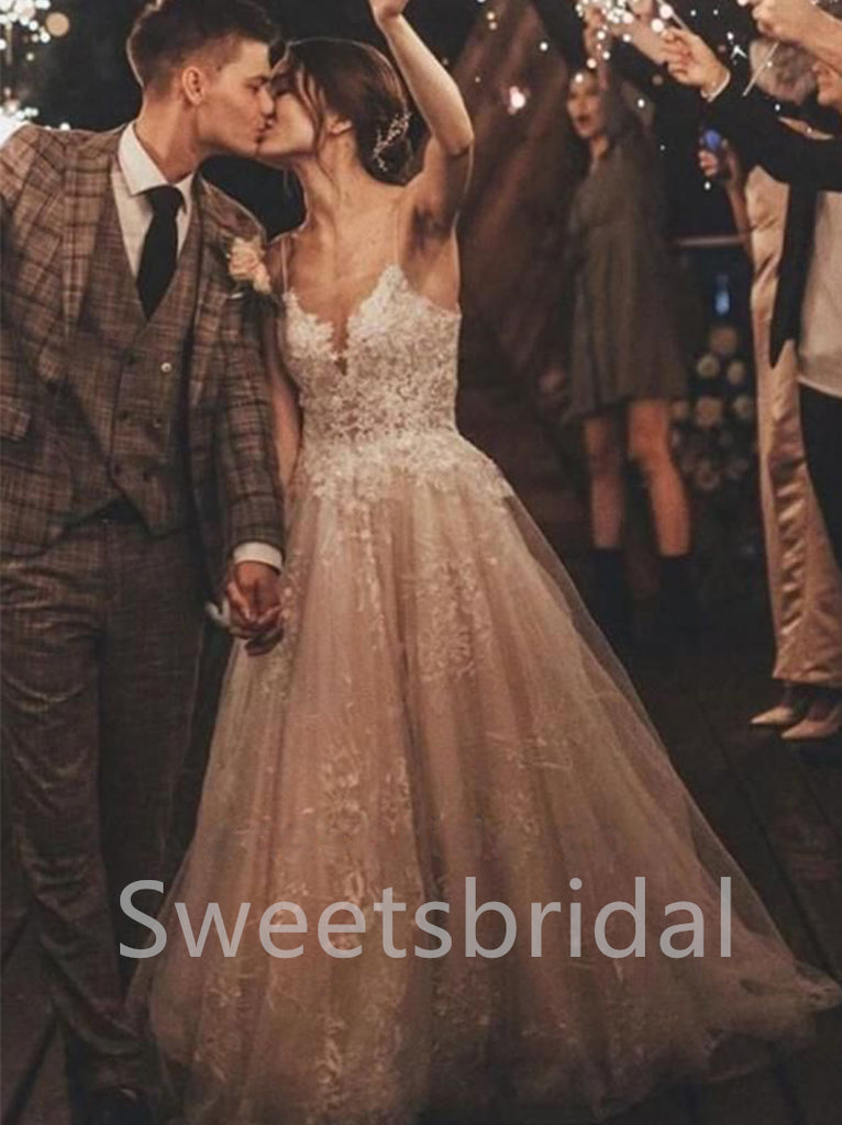 Elegant Spaghetti straps V-neck A-line Lace applique Wedding Dresses,DB0303
