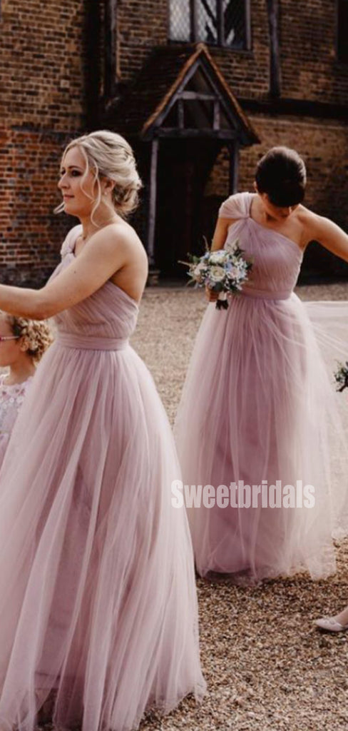 Charming One-shoulder Tulle Floor Length Long Bridesmaid Dresses. SW1166