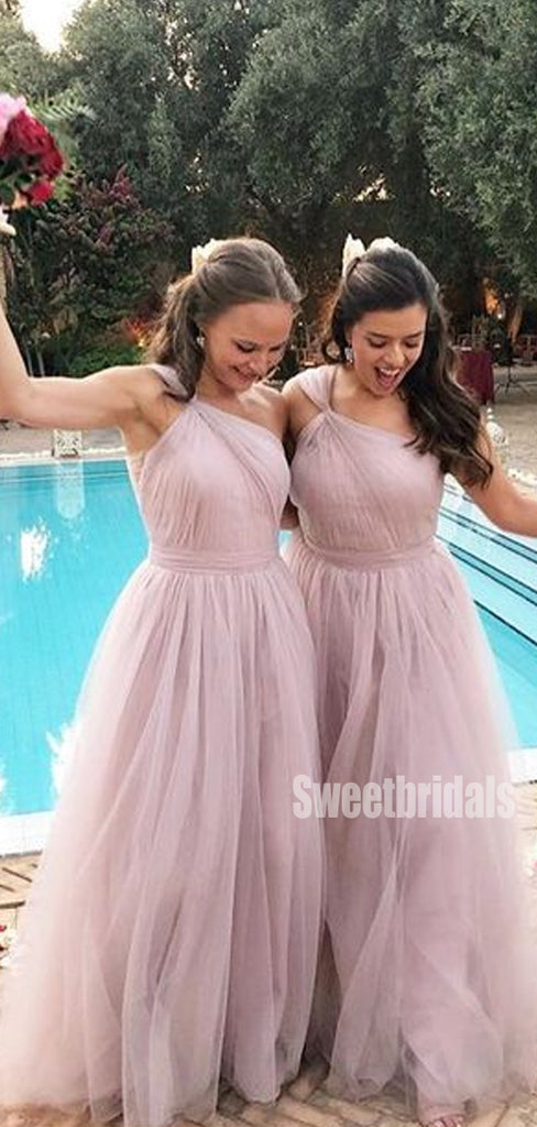 Charming One-shoulder Tulle Floor Length Long Bridesmaid Dresses. SW1166