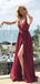 Pretty Deep V Neck A Line Side Slit Lace Top Long Evening Prom Dresses, MD383