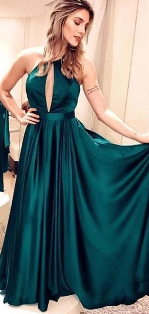 Simple Halter Criss Cross A Line Satin Long Evening Prom Dresses, MD384