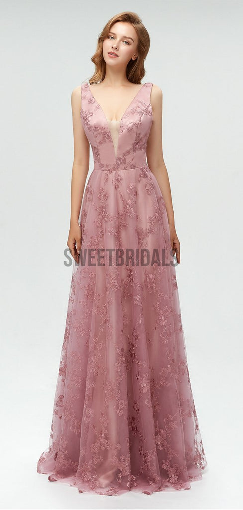 Pretty Deep V Neck Backless A-line Lace Long Prom Dresses, MD604