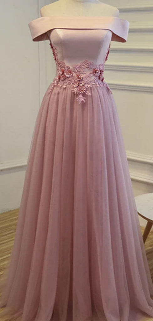 Charming Off The Shoulder Lace Applique A Line Lace Up Long Prom Dresses, SW1021