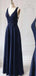 Simple Navy Blue V Neck A Line Sleeveless Floor Length Long Prom Dresses, MD414