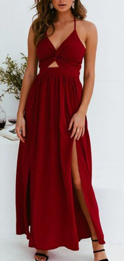 Sexy Halter V Neck Side Slit Chiffon Sleeveless Long Evening Prom Dresses, MD389
