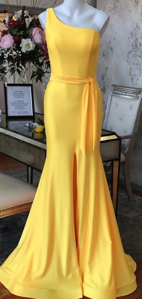 Simple One Shoulder Light Yellow Mermaid Long Evening Prom Dresses, MD391