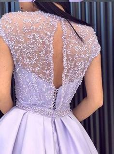 Modest A Line Side Slit With Beaded Short Sleeves Long Prom Dresses ,MD381