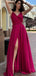 Simple Spaghetti Straps V Neck Side Slit Long Evening Prom Dresses, MD387