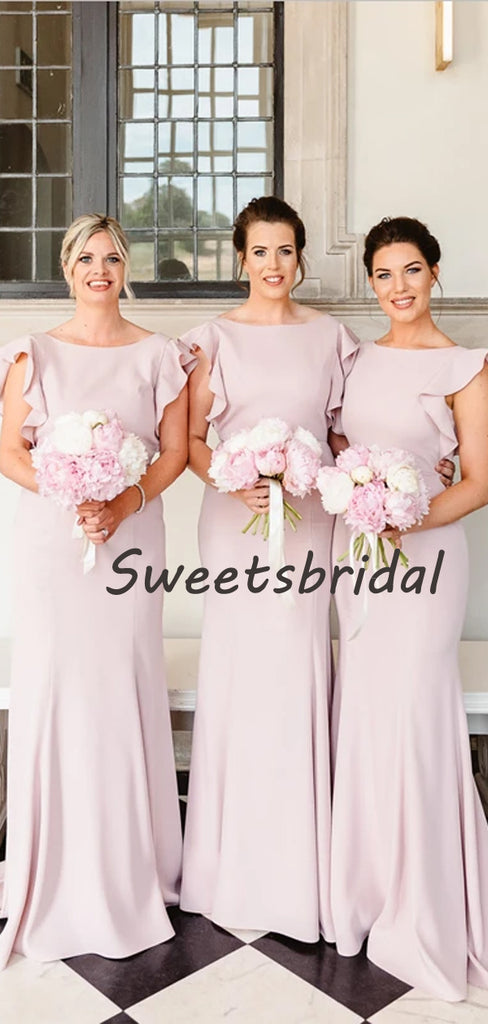 Cheap Light Pink Ruffle Sleeves Sweep Trailing Mermaid Long Bridesmaid Dresses, SW1032