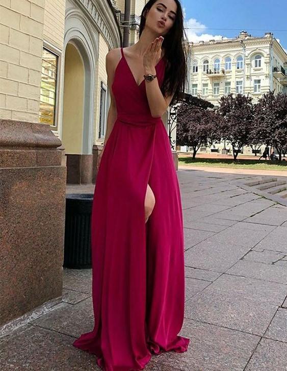 Simple Spaghetti Straps V Neck Side Slit Long Evening Prom Dresses, MD387