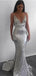 Shiny Spaghetti Strap V Neck Sweep Trailing Side Slit Mermaid Long Prom Dresses, MD468