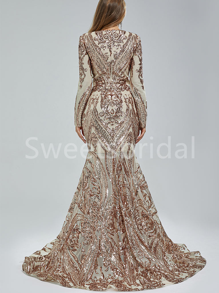 Elegant V-neck Long sleeves Mermaid Prom Dresses,SW1482